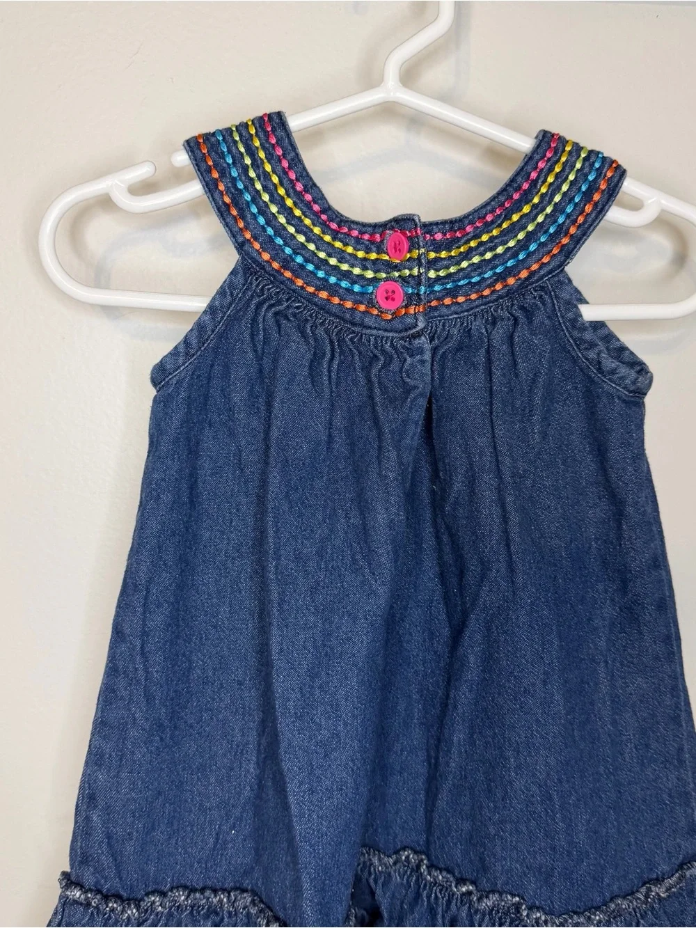 Vintage Y2K Okie Dokie Baby Girls Denim Chambray Embroidered Dress 18 Months